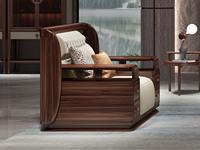 云柚居 新中式 进口实木沙发 自然清晰实木纹理 细腻柔软仿真皮 饱满拉点舒适承托 优雅金色网格装饰面 单人位沙发