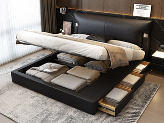  极简风格 巴甫洛夫真皮床 高定头层黄牛皮 高箱+抽屉组合 大容量储物设计 豪奢大面积真皮床头 质感双边U字型五金装饰 精致蜈蚣黑钛五金脚 黑色 1.8*2.0米齐边床（面向床抽屉在右）