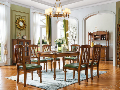 美式实木餐桌1.35米 长方形餐桌 金丝柚木色美式餐桌 现代简约美式实木餐桌 单餐桌 美式餐厅饭桌