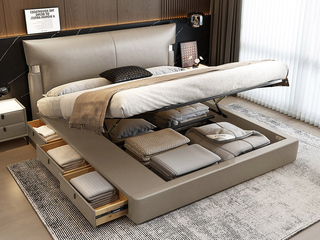  极简风格 巴甫洛夫皮艺床 高箱+抽屉组合 大容量储物设计 透气舒适仿真皮 质感双边U字型五金 精致蜈蚣黑钛五金脚 卡其灰 1.8*2.0米齐边床（面向床抽屉在左）