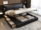 欧瑞仕 极简风格 巴甫洛夫皮艺床 高箱+抽屉组合 大容量储物设计 透气舒适仿真皮 质感双边U字型五金 精致蜈蚣黑钛五金脚 黑色 1.5*2.0米齐边床（面向床抽屉在左）