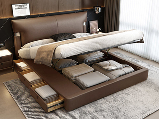  极简风格 巴甫洛夫真皮床 高定头层黄牛皮 高箱+抽屉组合 大容量储物设计 豪奢大面积真皮床头 质感双边U字型五金装饰 精致蜈蚣黑钛五金脚 摩卡色 1.8*2.0米齐边床（面向床抽屉在左）