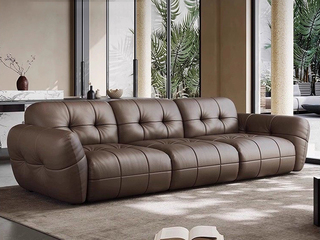  意式极简 元宝真皮沙发 高定头层黄牛皮 高密度海绵饱满有致舒适承托 全拉点设计精致包裹不变形 圆润外翻扶手 直排四人位沙发