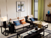 【现货】墨舍 新中式 东南亚进口红檀木 优质细麻（面料） 真丝抱枕 K909 转角沙发（3+脚踏+案几）