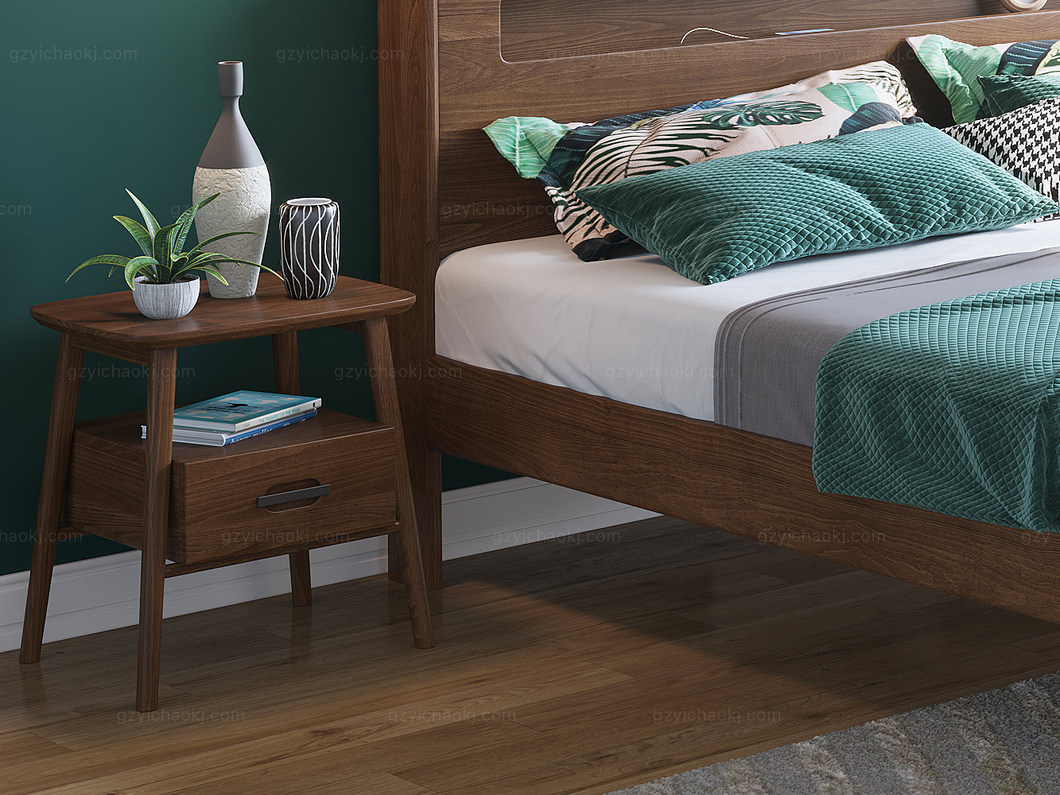 慕森 北欧风格 榉木坚固框架 胡桃色 床头柜