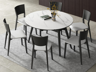  现代简约 雪山白哑光岩板台面 进口实木 1.3米功能餐桌(展开直径1.3米圆)