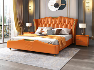  轻奢风格 头层黄牛皮 橙色 1.8*2.0米真皮床（搭配10公分松木排骨架）