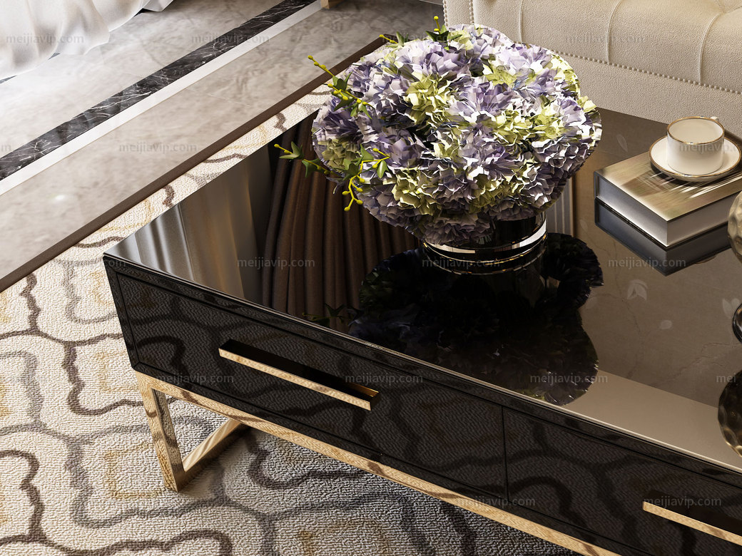 梵克美家 轻奢风格 镀金不锈钢 细腻光滑台面 时尚黑 1.2m茶几