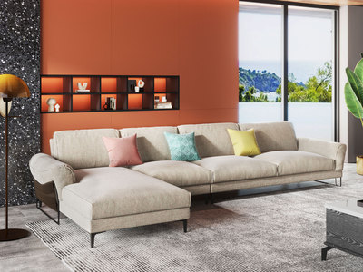  现代极简天然优质棉麻实木框架颜质兼具布艺转角沙发（1+3+右贵妃）