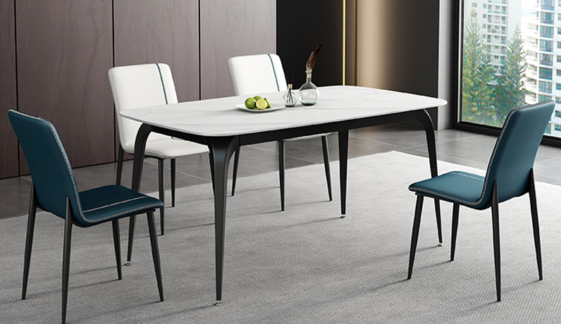 斐亚家居 极简 雪山白哑光哑光岩板 碳素钢黑砂（底架） 1.4米 长餐桌