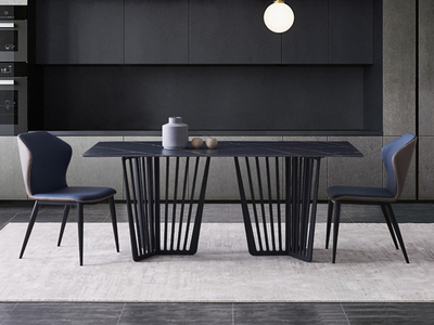  极简 劳伦黑金岩板 碳素钢黑砂（底架） 1.4米 长餐桌