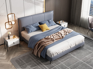  极简风格 舒适软靠+实木框架 百搭1.8*2.0米灰蓝色皮艺高箱床（搭配10公分松木排骨架）