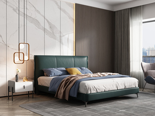  极简风格 舒适软靠+实木框架 百搭1.8*2.0米墨绿色皮艺高箱床（搭配10公分松木排骨架）