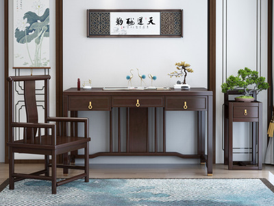  新中式风格 紫檀色 办公家用橡胶木书桌