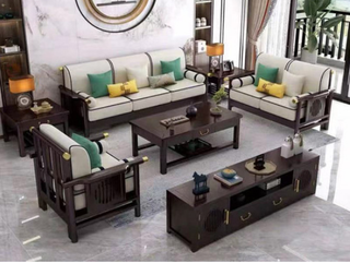   新中式  客厅 家用  高回弹海绵  棉麻布  沙发橡胶木实木脚  单人位