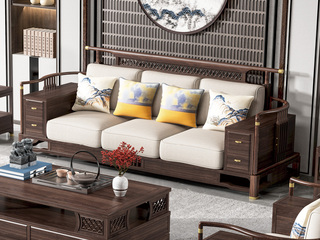  新中式风格 乌金木 网格镂空款 双层抽屉扶手三人沙发 