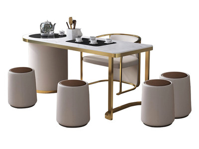  轻奢风格 岩板 茶台套装（茶台+1把主人椅+4个凳子 含电磁 有出水口）