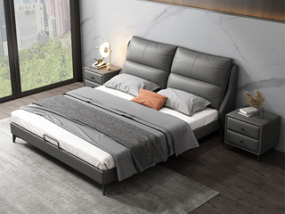  时尚简约  高弹舒适 高箱床 真皮+实木框架 深灰色 1.5*2.0米真皮床（搭配10公分松木排骨架）