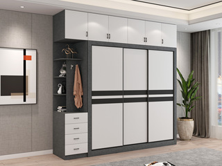  轻奢风格 环保实用 黑白拼色推拉门大容量3开门衣柜组合(长2.4米衣柜+长2个1.4米顶柜+长0.4米边柜）
