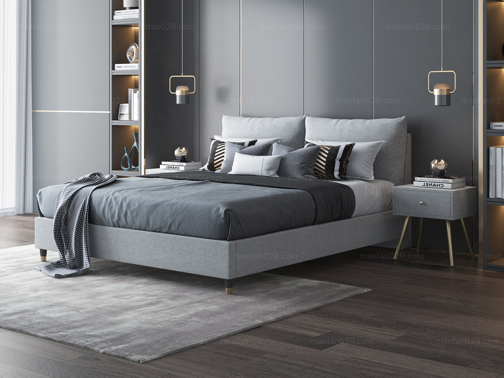 皮坊工艺现代简约灰蓝色实木框架夹板柔软舒适海绵布艺18米床搭配排骨