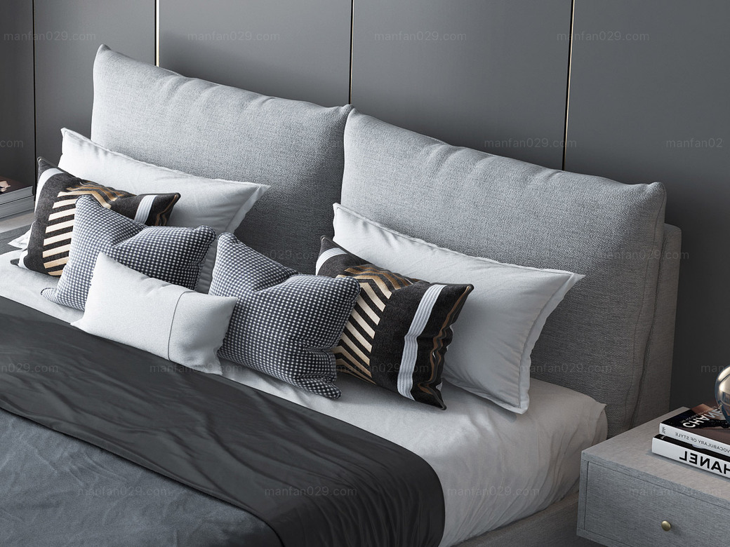 皮坊工艺现代简约灰蓝色实木框架夹板柔软舒适海绵布艺18米床搭配排骨