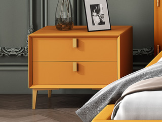  现代简约 金橙色 扪皮 金色脚  实木抽屉 床头柜