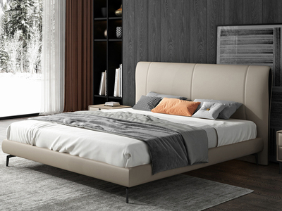  极简风格 全实木内架 柔软舒适 科技布1.5米卧室双人床（搭配10公分松木排骨架 图片为真皮款，此配置为科技布）