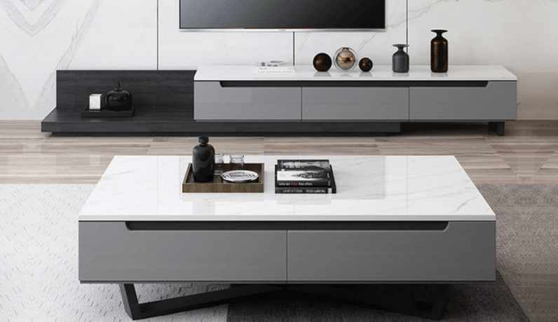 诺美帝斯 极简风格 防刮耐磨哑光岩板台面 白色台面+灰色柜体 茶几