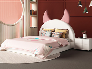  轻奢风格 柔软亲肤 布艺 白色+粉色 D款小恶魔床头设计1.5*2.0米儿童床（搭配10公分松木排骨架）