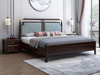  新中式 精选优质实木框架 床头皮艺软包+铝合金度铜技术 高脚设计 沉稳大气 卧室1.5*2.0米床