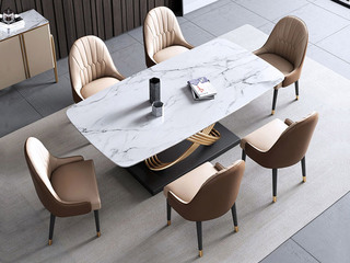  轻奢风格 不锈钢拉丝镀金封釉+亮光岩板 1.8米餐桌
